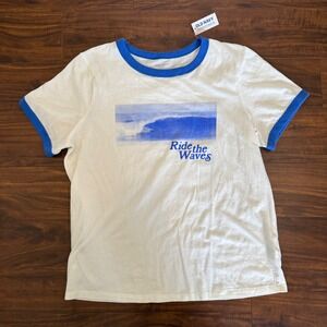 Old Navy Womens Ringer T Shirt White Blue Ride The Waves Graphic Retro M Surf